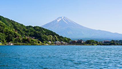 Beautiful scenery of Mount Fuji and the gentle waves on Lake Kawaguchiko in Yamanashi Prefecture, Japan.