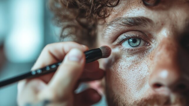 An artistic close-up of a makeup artist applying eye shadow to a man's eye, showcasing the delicate details of makeup artistry and enhancing natural beauty.