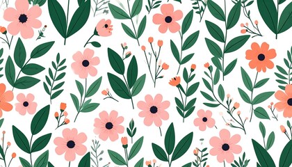 Modern floral seamless pattern with bright flowers and minimal leaves.