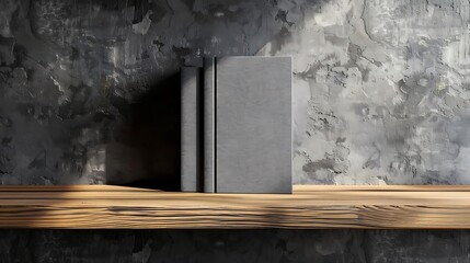 Grey books on a wooden shelf against a textured wall.