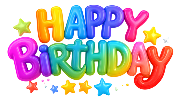 Colorful 3D Hand-Painted ‘Happy Birthday’ Text with Stars  PNG Isolated on Transparent Background PNG