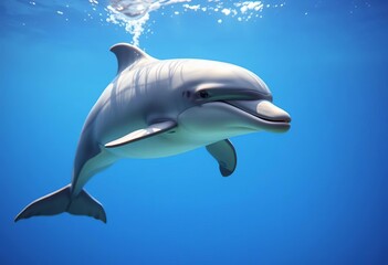 Naklejka premium A playful young dolphin swims underwater in the ocean, oceanography, dolphin