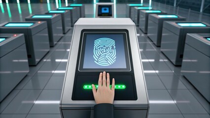 A futuristic fingerprint scanner in a sleek, modern environment, showcasing biometric technology for security verification.