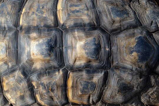 Turtle shell texture with copy space. Close-up turtle pattern. Reptile shell design. Turtle scales. Realistic turtle shell. Turtle design texture. Detailed turtle shell close-up. Wild Animal texture.