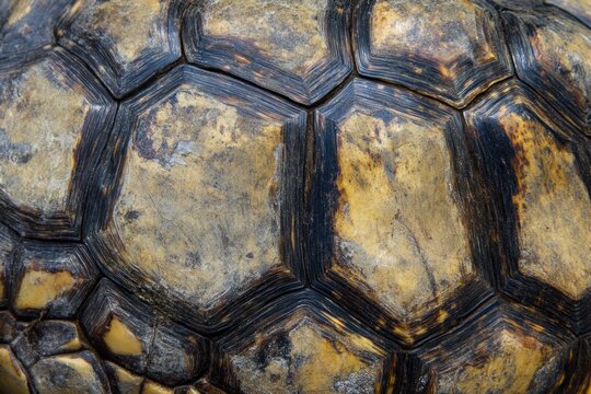 Turtle shell texture with copy space. Close-up turtle pattern. Reptile shell design. Turtle scales. Realistic turtle shell. Turtle design texture. Detailed turtle shell close-up. Wild Animal texture.