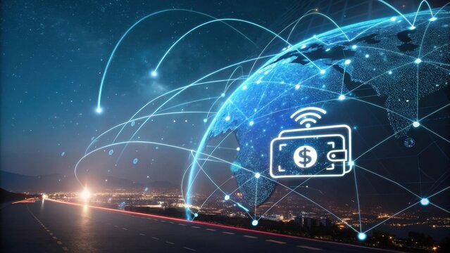 Digital representation of global financial transactions highlighting connectivity and technology in a futuristic urban setting.
