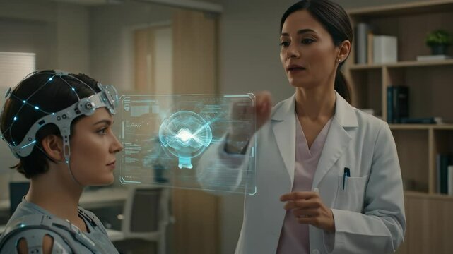 Woman researcher studying brain activity with holographic interface and brain-computer interface headset. Neurotechnology footage.