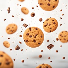 Delicious chocolate chip cookies and chocolate chunks in a dynamic artistic composition