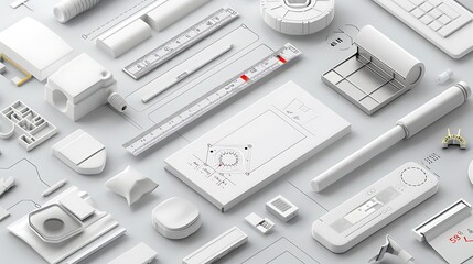 A collection of various white 3d objects on a light gray surface.