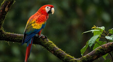 Colorful scarlet macaw perched on mossy tree branch in tropical rainforest, vibrant vivid plumage of exotic bird in natural habitat, wildlife and biodiversity conservation concept