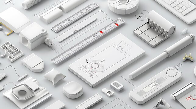 A collection of various white 3d objects on a light gray surface.
