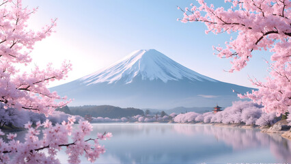 A photorealistic image of Mount Fuji, snow-capped peak with cherry blossoms, set in a Japanese spring morning with Lake Kawaguchi and distant pagodas, soft pastel pink and blue hues, highly detailed