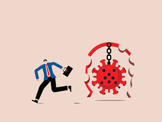 Virus disease outbreak protection failure, COVID-19 virus destroy lock down wall and spread into country concept, wrecking ball as COVID-19 pathogen destroy and demolish wall, business man run away.