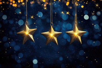 Three gold stars hang from strings against a backdrop of twinkling blue lights