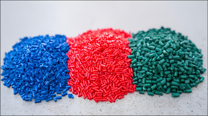 Piles of Blue, Red, and Green Plastic Granules on a Light Surface, Representing Recycling, Manufacturing, and Industrial Materials