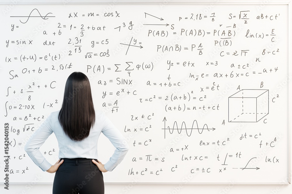Poster woman standing in front of whiteboard filled with complex scientific and mathematical formulas, view