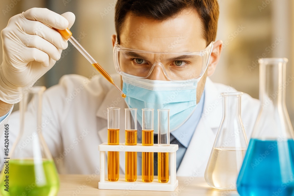 Poster scientist wearing mask and gloves conducting chemical experiment with test tubes in bright laborator