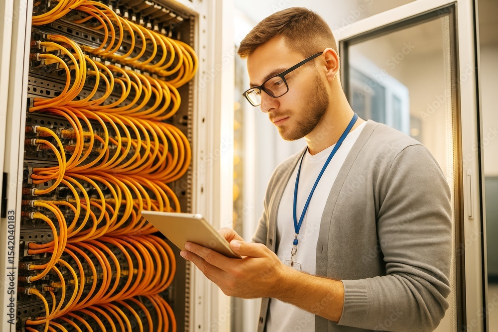 Aufkleber Technician working on tablet near orange network cables in data center with bright light background and modern server technology setup.