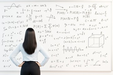 Woman standing in front of whiteboard filled with complex scientific and mathematical formulas, viewed from behind, in bright light background.