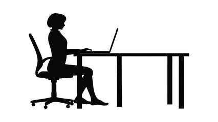 Silhouette of a man sitting at a desk, working on a laptop, perfect for business and office illustrations a minimalist silhouette of a businesswoman  working on laptop at desk icon vector illustration