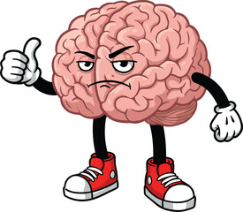 Cartoon brain giving thumbs up with determined expression, smart thinking concept, clever idea illustration, human intelligence symbol, vector design Keywords