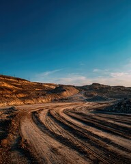 Naklejka premium Scenic View of a Dirt Road Curving Through a Barren Landscape Under a Clear Blue Sky at Sunset