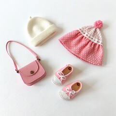 Doll Clothes Still Life Pink Dress, Bag and Shoes, Miniature, Fashion