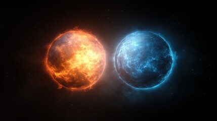 Obraz premium This striking image features two celestial bodies, one blazing orange and the other a cool blue, representing the duality of elements in the universe and cosmic beauty.