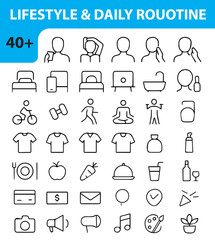 Lifestyle and Daily Routine Line Icons Set, Editable Vector Symbols for Habits, Activities, Health, and Everyday Living

