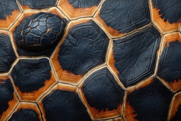 Turtle shell texture with copy space. Close-up turtle pattern. Reptile shell design. Turtle scales. Realistic turtle shell. Turtle design texture. Detailed turtle shell close-up. Wild Animal texture.