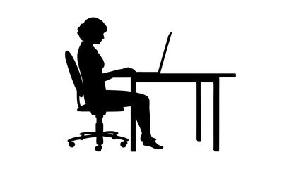 Woman sitting at a desk, typing on a laptop, a business person hard at work in an office a minimalist silhouette of a businesswoman  working on laptop at desk icon vector illustration