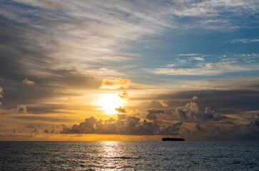 Calm horizon at sea nature. Romantic summer vacation on beach seascape. Sunrise sky horizon. Sea sunset view. Cloudy sunset sky and seascape at summer vacation. Skyscape with sea sunrise. Afterglow
