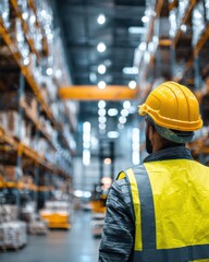 Industrial Warehouse Worker Inspects Inventory with Safety Gear in a Modern Storage Facility