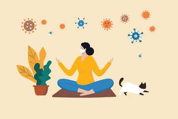 Stay calm at home by meditation or yoga in social distancing self isolation in COVID-19 Coronavirus outbreak lockdown concept, woman meditate and yoga at home to stay calm, COVID-19 virus around.
