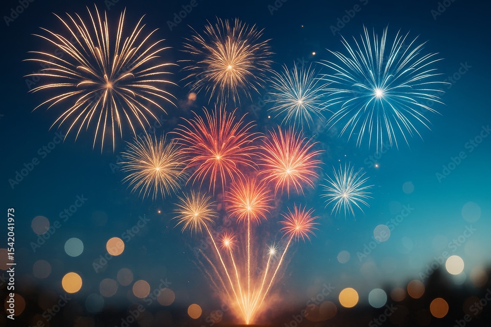 Poster colorful fireworks exploding in night sky with bokeh light background, festive celebration abstract 