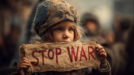 Dirty Hands of a Child Holding Stop War Sign, Anti-War Protest Concept