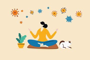 Stay calm at home by meditation or yoga in social distancing self isolation in COVID-19 Coronavirus outbreak lockdown concept, woman meditate and yoga at home to stay calm, COVID-19 virus around.
