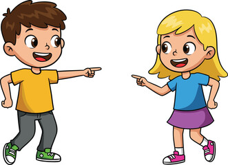 Happy cartoon boy and girl pointing at each other, playful kids gesturing, isolated on white, childhood fun, pointing game, cheerful children illustration