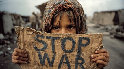 Dirty Hands of a Child Holding Stop War Sign, Anti-War Protest Concept