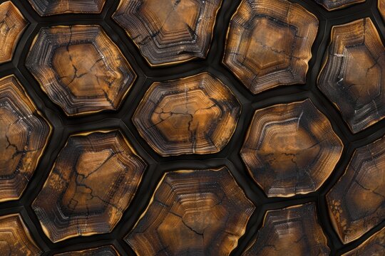 Turtle shell texture with copy space. Close-up turtle pattern. Reptile shell design. Turtle scales. Realistic turtle shell. Turtle design texture. Detailed turtle shell close-up. Wild Animal texture.