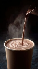 Pouring hot chocolate in cozy paper cup close-up warm atmosphere