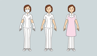 Nursing home, hospital, recuperation, rehabilitation concept happy old woman holding hands with nurse together, doctors in clinic care, help and support patients simple flat vector