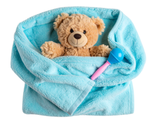 Teddy Bear Wrapped in Baby Blanket with Rattle, Top Down View, isolated on transparent background.