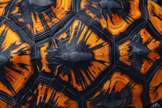 Turtle shell texture with copy space. Close-up turtle pattern. Reptile shell design. Turtle scales. Realistic turtle shell. Turtle design texture. Detailed turtle shell close-up. Wild Animal texture.