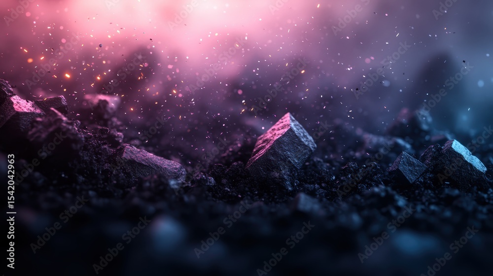 Poster an intriguing abstract image featuring textured surfaces and sparkling particles, blending vibrant c