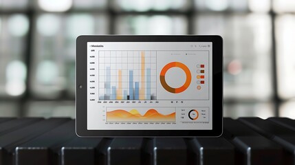 Tablet computer displaying various charts and graphs.