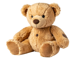 Vintage Style Teddy Bear with Patchwork Details, Side Angle, isolated on transparent background.