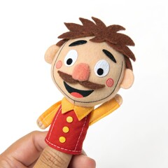 Fototapeta premium Felt Finger Puppet Happy Man with Mustache and Vest Waving, Puppet , Crafts