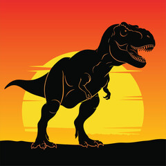 Roaring T-Rex Silhouette Against Fiery Sunset Sky on Black Horizon