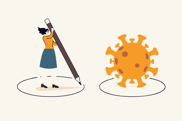 Social distancing, keep distance in public society people to protect from COVID-19 coronavirus outbreak spreading concept, woman keep distance away by drawing circle with virus pathogens